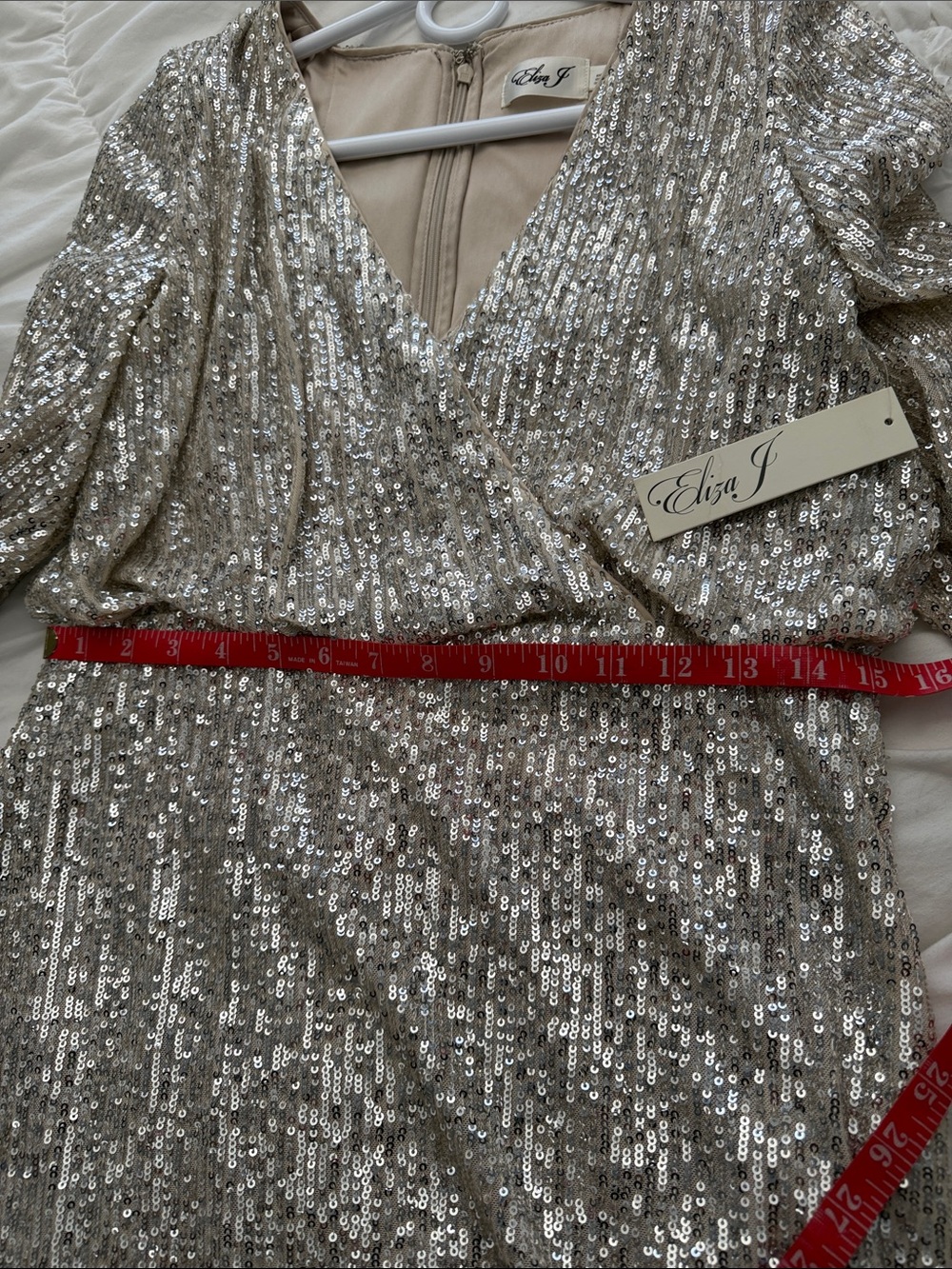 Eliza J beige and silver Sequin V-Neck Mini Dress longsleeve - Picture 12 of 15